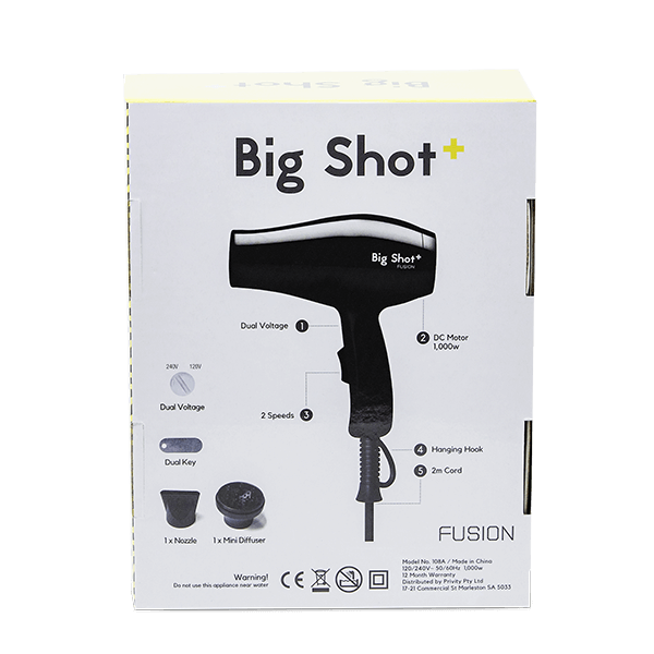 FUSION BIG SHOT TRAVEL HAIR DRYER with DIFFUSER IN BACK