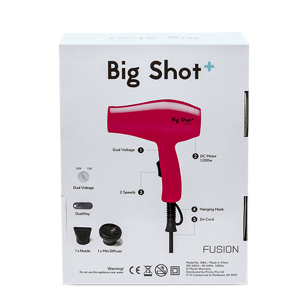 FUSION BIG SHOT TRAVEL HAIR DRYER with DIFFUSER IN RED